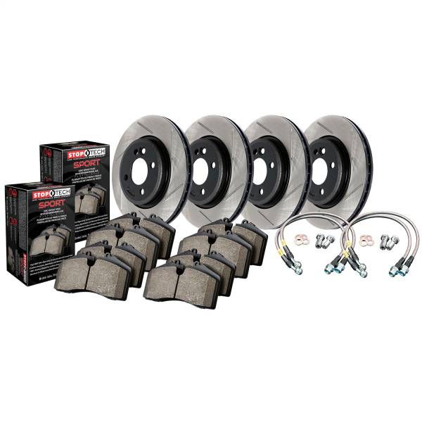 StopTech - StopTech Sport Axle Pack; Slotted Rotor; 4 Wheel Brake Kit with Brake lines