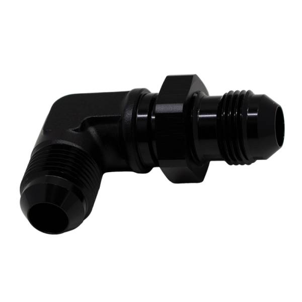 DeatschWerks - DeatschWerks 8AN Male Flare to 8AN Male Flare Bulkhead Adapter 90-Degree - Anodized Matte Black