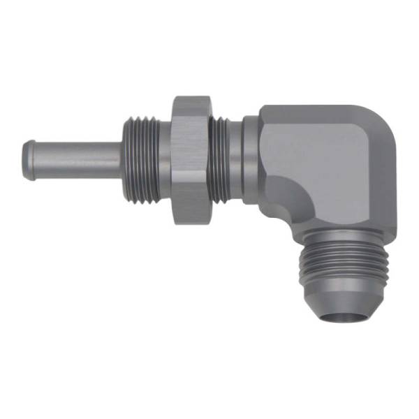 DeatschWerks - DeatschWerks 8AN Male Flare To 5/16in. Male Barb Bulkhead Adapter 90-Degree (Incl. Nut)