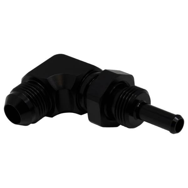 DeatschWerks - DeatschWerks 8AN Male Flare to 5/16in Male Barb Bulkhead Adapter 90-Degree - Anodized Matte Black