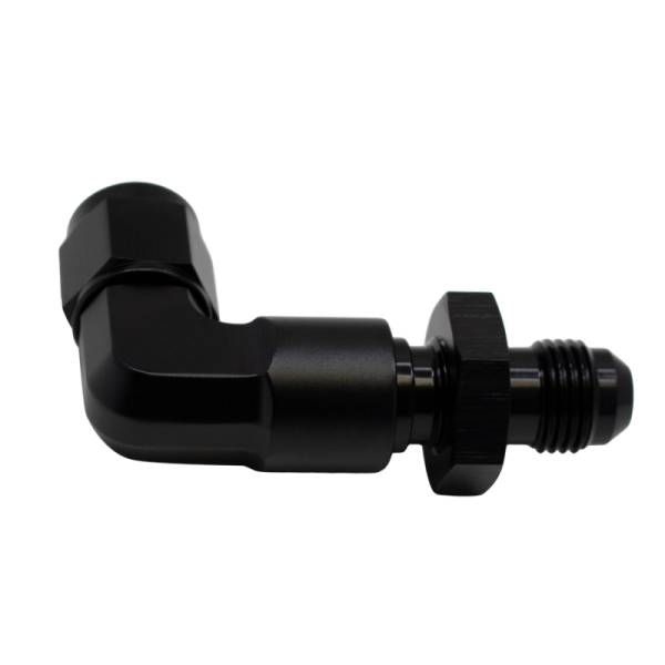 DeatschWerks - DeatschWerks 6AN Female Flare Swivel to 6AN Male Flare 90-Degree Bulkhead - Anodized Matte Black