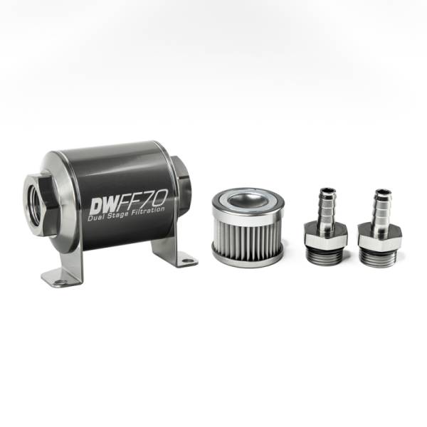 DeatschWerks - DeatschWerks Stainless Steel 3/8in 10 Micron Universal Inline Fuel Filter Housing Kit (70mm)