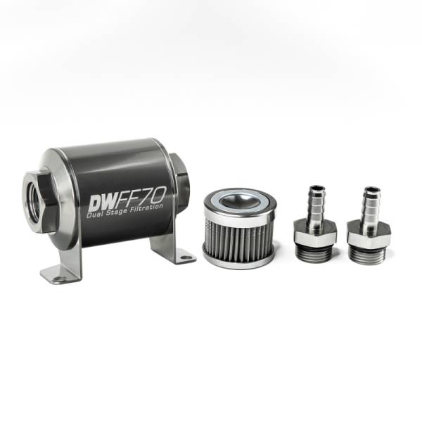 DeatschWerks - DeatschWerks Stainless Steel 3/8in 40 Micron Universal Inline Fuel Filter Housing Kit (70mm)