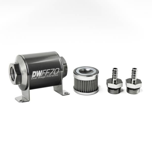 DeatschWerks - DeatschWerks Stainless Steel 5/16in 40 Micron Universal Inline Fuel Filter Housing Kit (70mm)