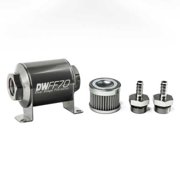 DeatschWerks - DeatschWerks Stainless Steel 5/16in 100 Micron Universal Inline Fuel Filter Housing Kit (70mm)