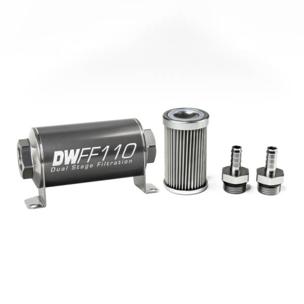 DeatschWerks - DeatschWerks Stainless Steel 3/8in 10 Micron Universal Inline Fuel Filter Housing Kit (110mm)