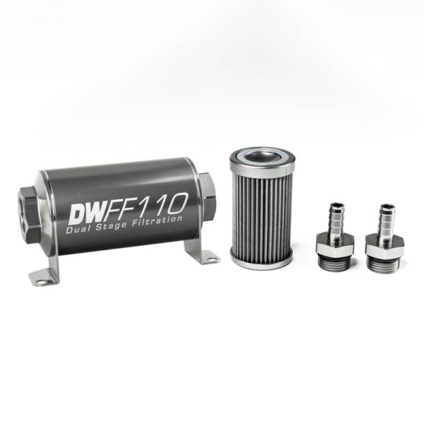 DeatschWerks - DeatschWerks Stainless Steel 3/8in 40 Micron Universal Inline Fuel Filter Housing Kit (110mm)