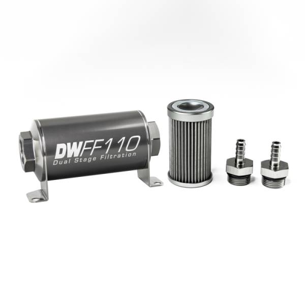 DeatschWerks - DeatschWerks Stainless Steel 5/16in 40 Micron Universal Inline Fuel Filter Housing Kit (110mm)