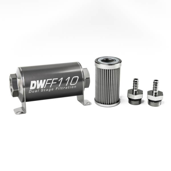 DeatschWerks - DeatschWerks Stainless Steel 5/16in 100 Micron Universal Inline Fuel Filter Housing Kit (110mm)