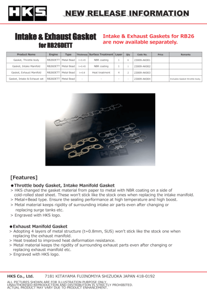 HKS - HKS GASKET Throttle Body (RB26DETT)