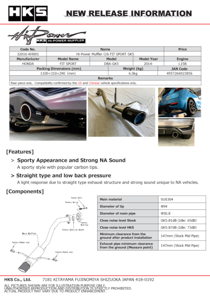 HKS - HKS Hi-Power Muffler 2014+ Honda Fit Sport GK5 w/ Carbon Tips