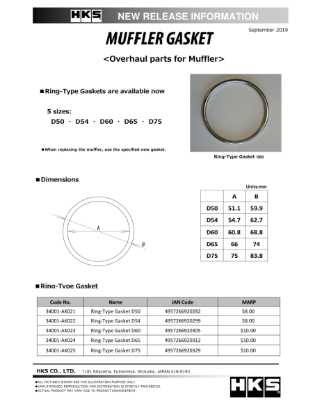 HKS - HKS Muffler Gasket 51.1mm ID 59.9mm OD