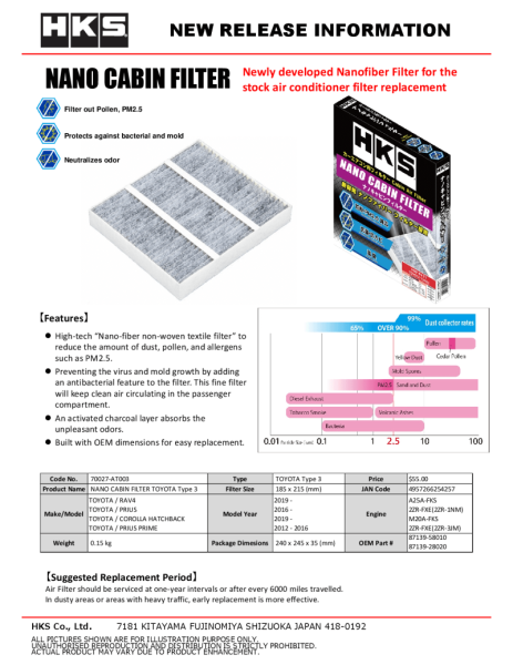 HKS - HKS Nano Cabin Filter Toyota Type3 70027-AT003